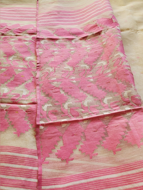 Elegant Pink & Cream Pure Cotton Dhakai Jamdani Saree Handloom Mint Condition main image 13